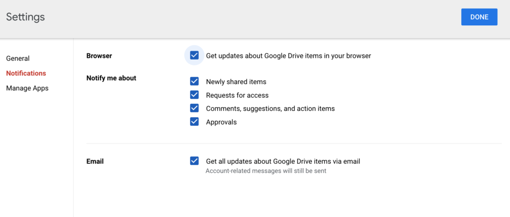 Google Drive: Turn on push notification