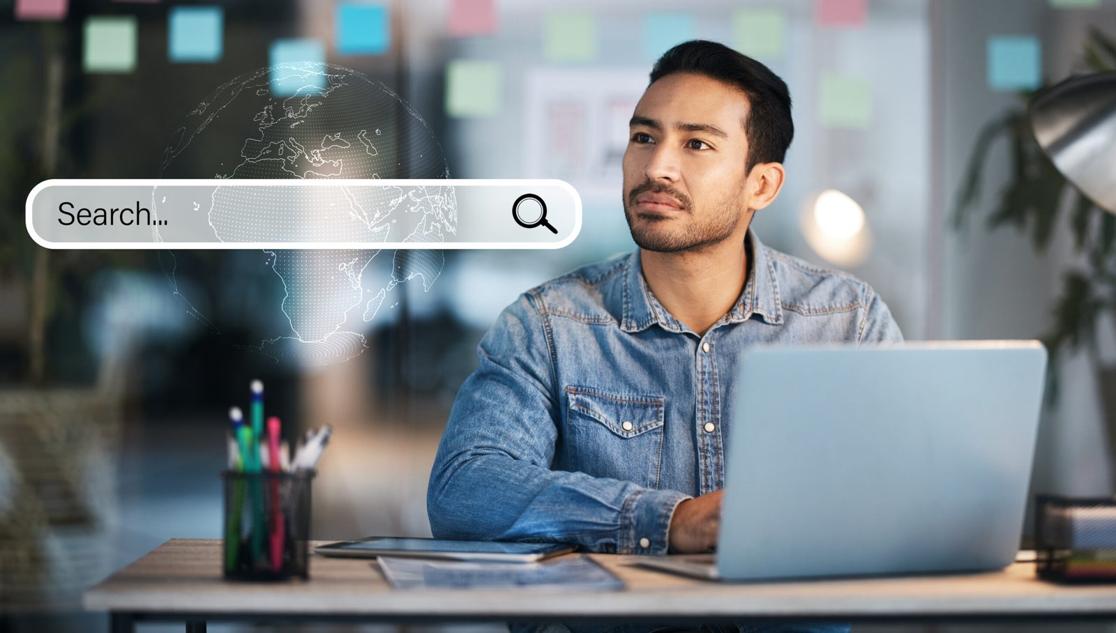 businessman thinking laptop search engine hologram information global seo iot research thinking worker asian person with ideas technology internet office browsing overlay scaled
